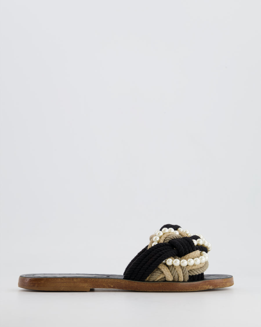 Chanel Black and Beige Rope Flat Mules with Pearl Details Size 37C
