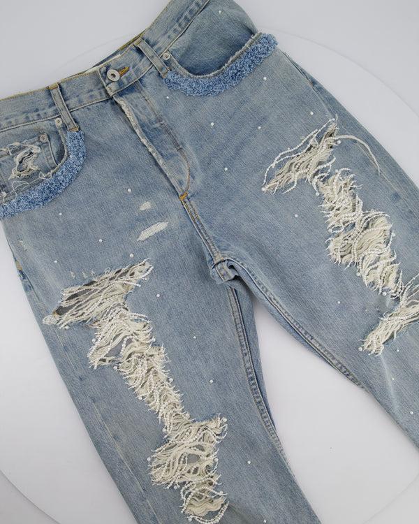 Jonathan Simkhai Blue Light Wash High-Waisted Straight Jeans with Distressed Detail and Pearl Embellishment Size 29 (UK 12)