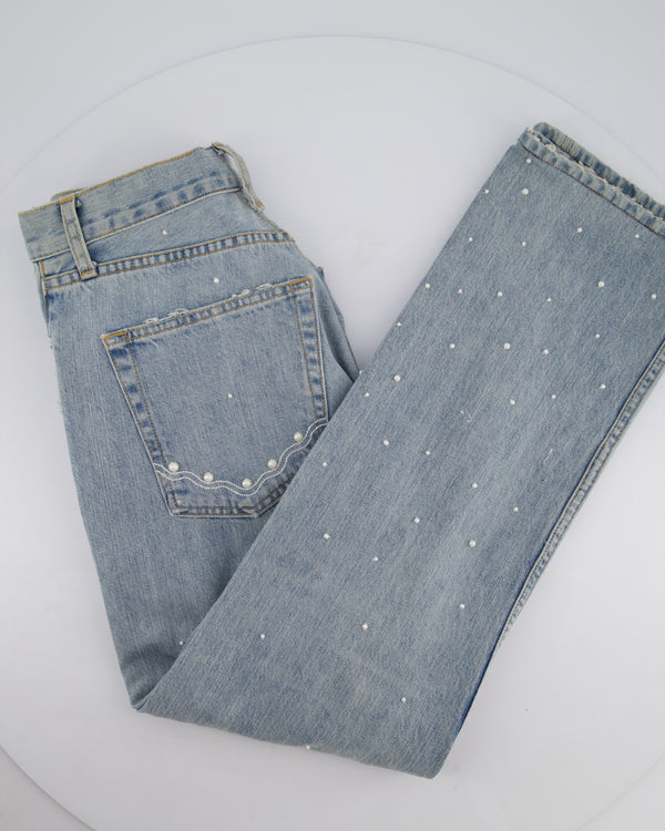 Jonathan Simkhai Blue Light Wash High-Waisted Straight Jeans with Distressed Detail and Pearl Embellishment Size 29 (UK 12)
