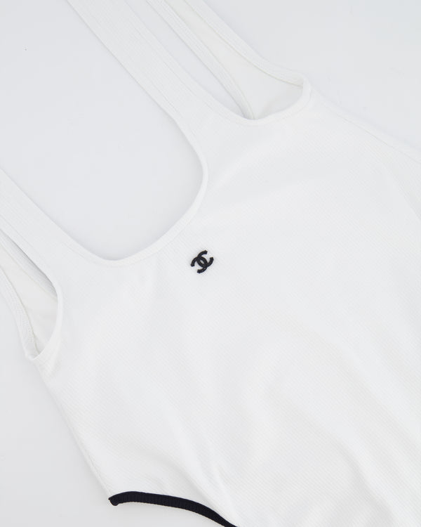Chanel White One Piece Swimsuit with Black Crystal CC Logo Detail FR 38 (UK 10)