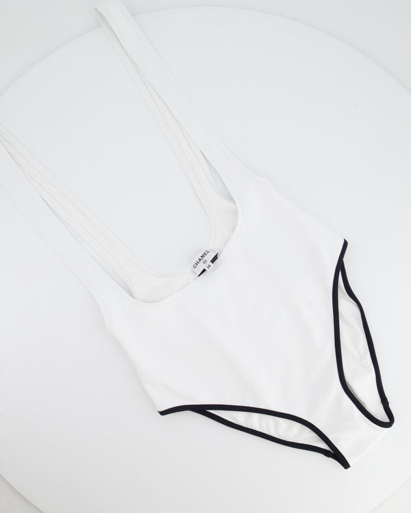Chanel White One Piece Swimsuit with Black Crystal CC Logo Detail FR 38 (UK 10)