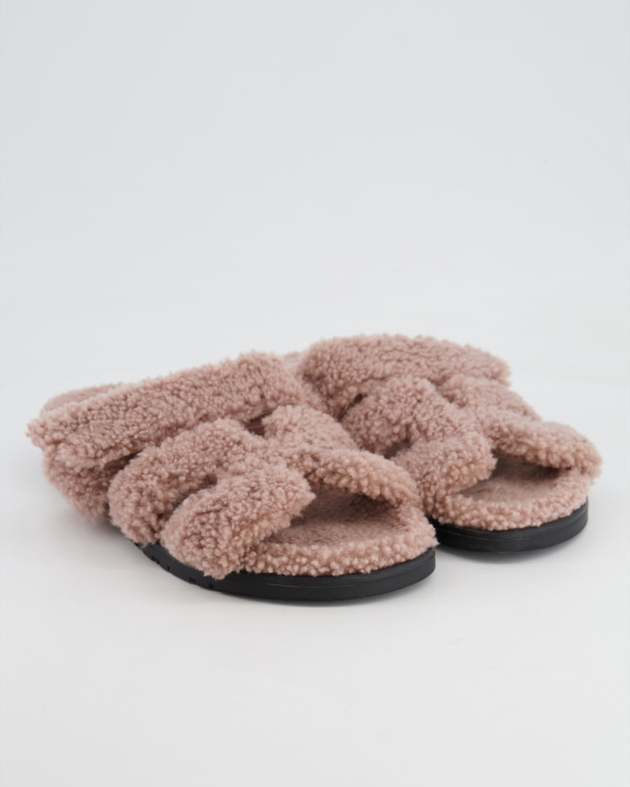 Hermès Dusty Pink Teddy Shearling Chypre Sandals Size EU 38.5