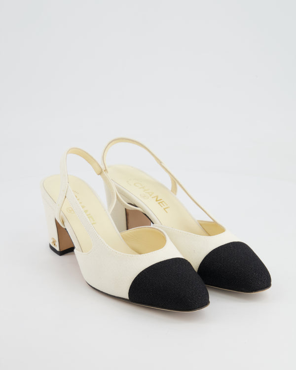Chanel White and Black Canvas Slingback Shoes with Gold CC Logo Detail Size 37.5