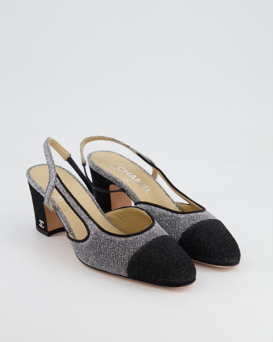 Chanel Silver and Black Shimmery Slingback Shoes with Silver CC Logo Detail Size 37C