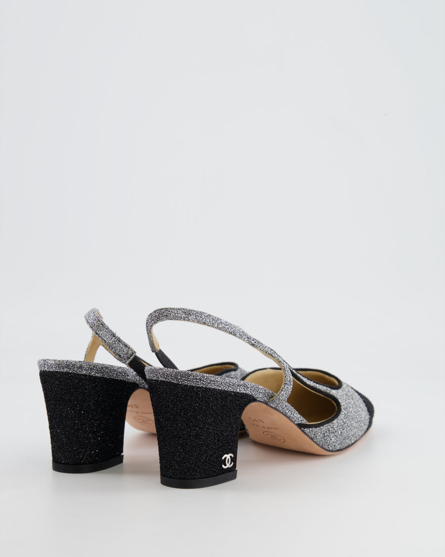Chanel Silver and Black Shimmery Slingback Shoes with Silver CC Logo Detail Size 37C