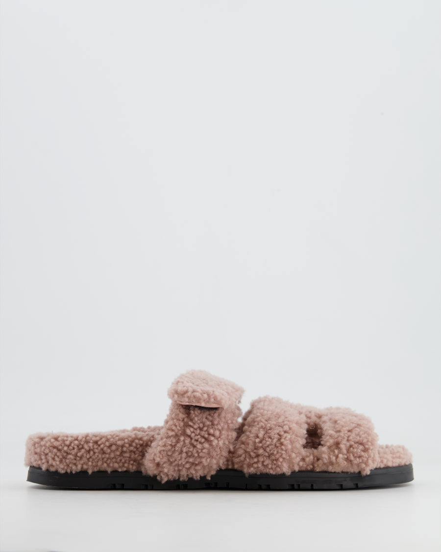 Hermès Dusty Pink Teddy Shearling Chypre Sandals Size EU 38.5