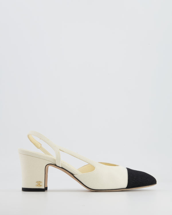 Chanel White and Black Canvas Slingback Shoes with Gold CC Logo Detail Size 37.5