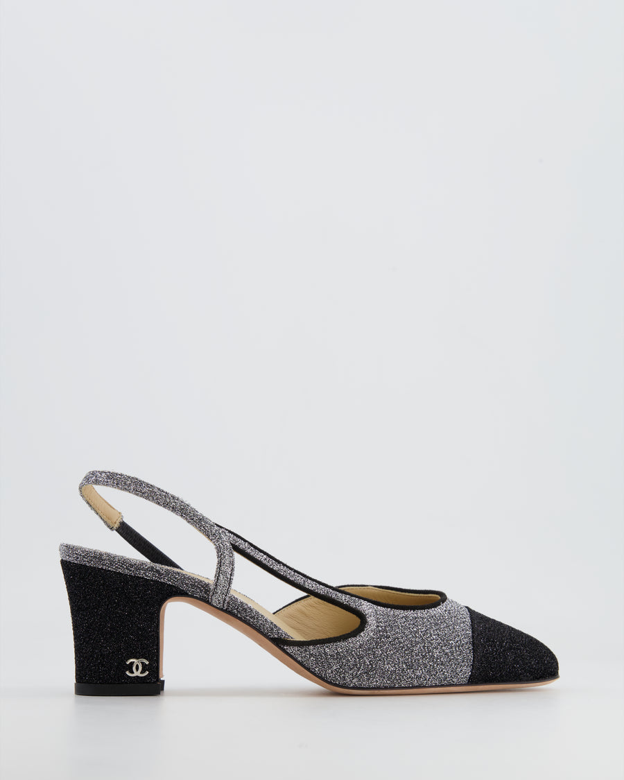 Chanel Silver and Black Shimmery Slingback Shoes with Silver CC Logo Detail Size 37C