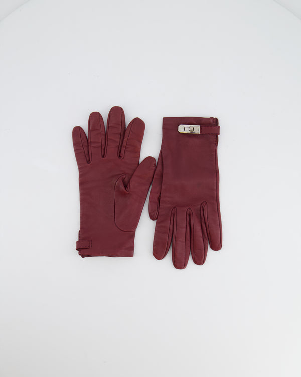 Hermès Burgundy Leather Gloves with Palladium Kelly Buckle Size 7.5 (S/M) RRP £950