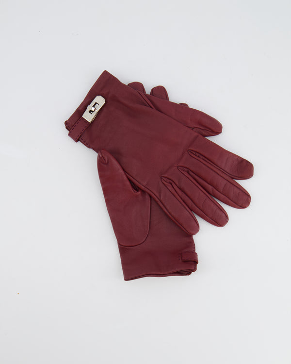 Hermès Burgundy Leather Gloves with Palladium Kelly Buckle Size 7.5 (S/M) RRP £950