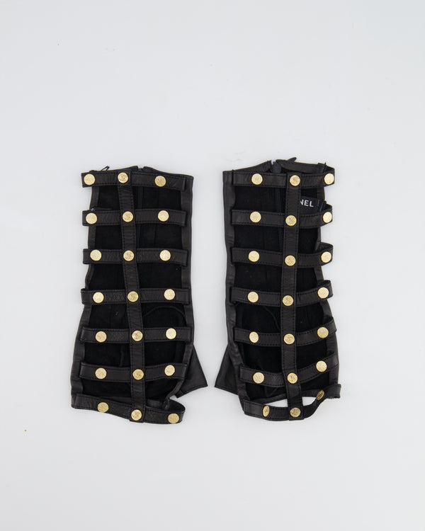 Chanel Paris-Greece Black Leather Caged Fingerless Gloves with Gold CC Logo Details Size 7.5 (S/M)