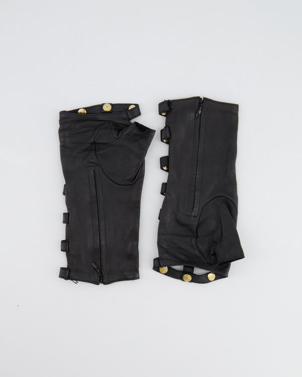 Chanel Paris-Greece Black Leather Caged Fingerless Gloves with Gold CC Logo Details Size 7.5 (S/M)