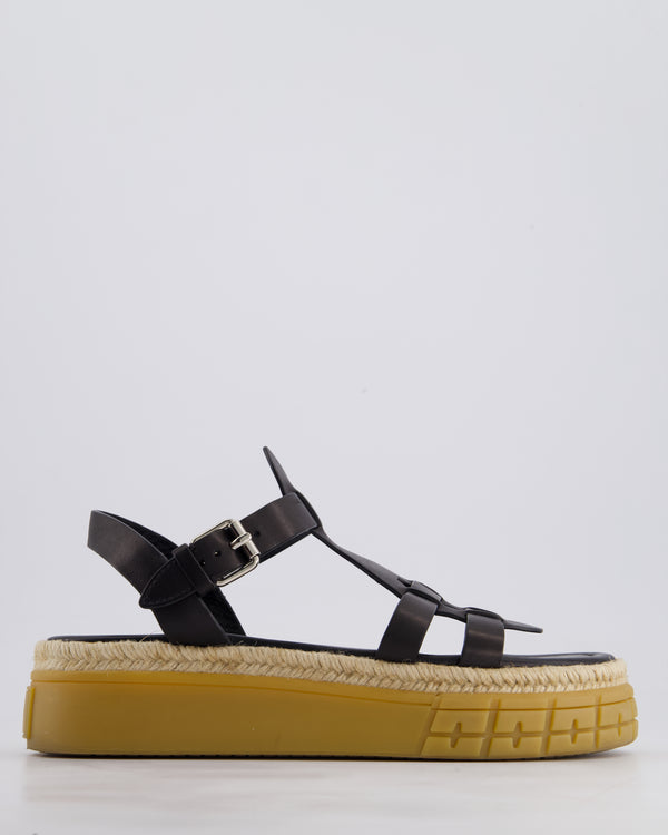 Prada Black Leather with Raffia Tyre-Sole Sandal Size EU 38.5