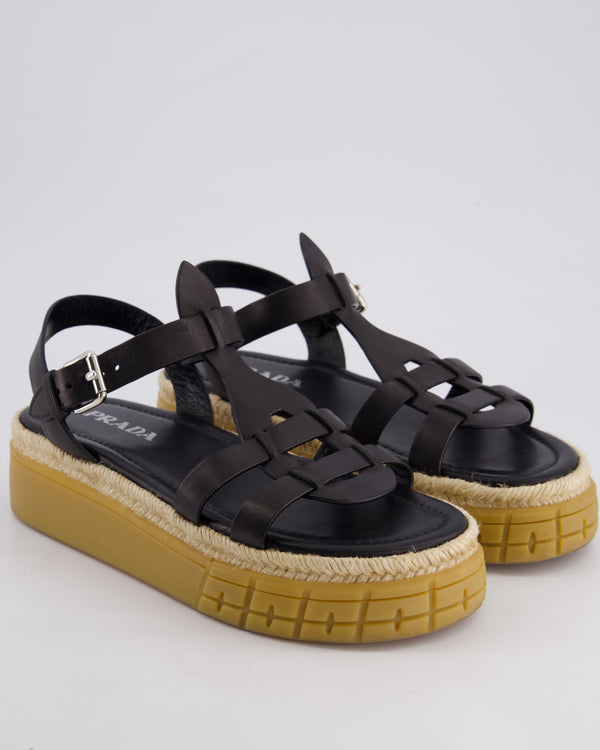 Prada Black Leather with Raffia Tyre-Sole Sandal Size EU 38.5