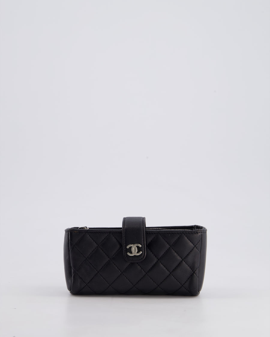 Chanel Black Small Pouch Bag in Lambskin Leather with Silver Hardware and Removable Chain with Charms