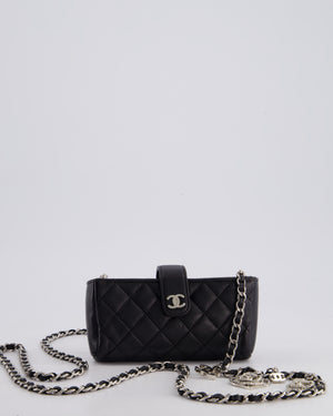 Chanel Black Small Pouch Bag in Lambskin Leather with Silver Hardware and Removable Chain with Charms