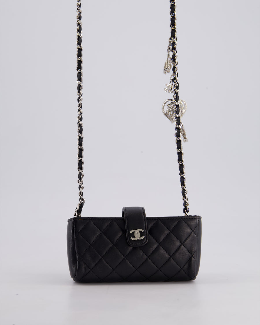 Chanel Black Small Pouch Bag in Lambskin Leather with Silver Hardware and Removable Chain with Charms