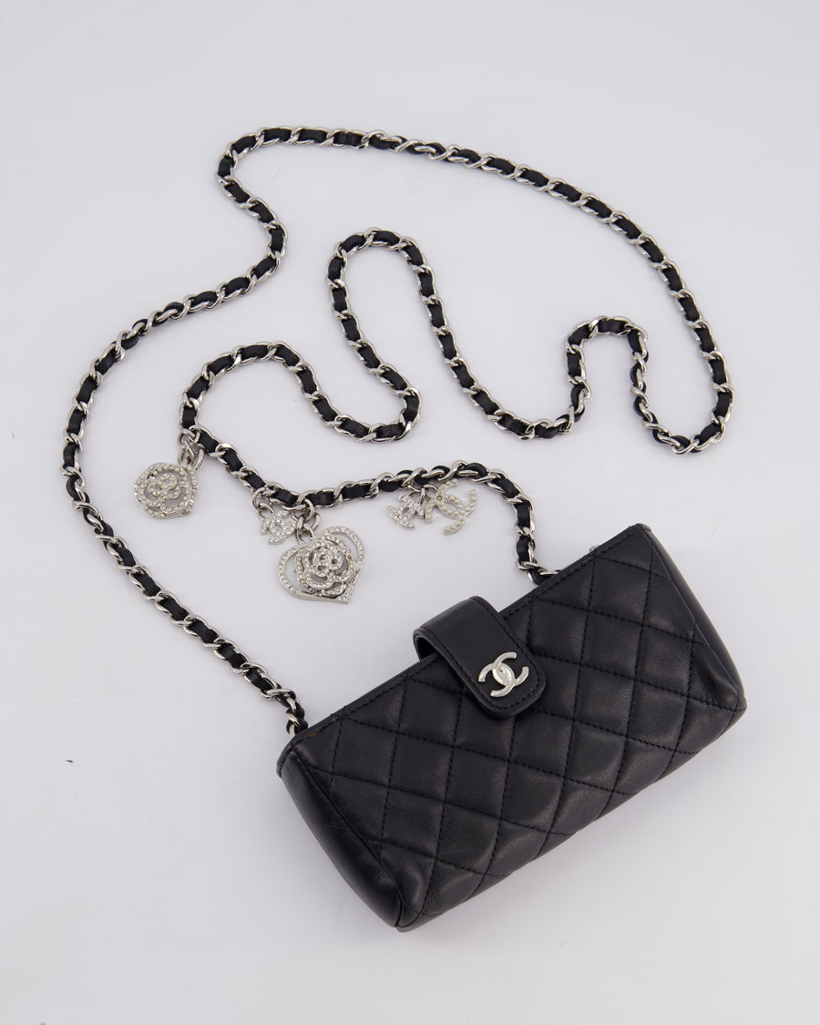 Chanel Black Small Pouch Bag in Lambskin Leather with Silver Hardware and Removable Chain with Charms