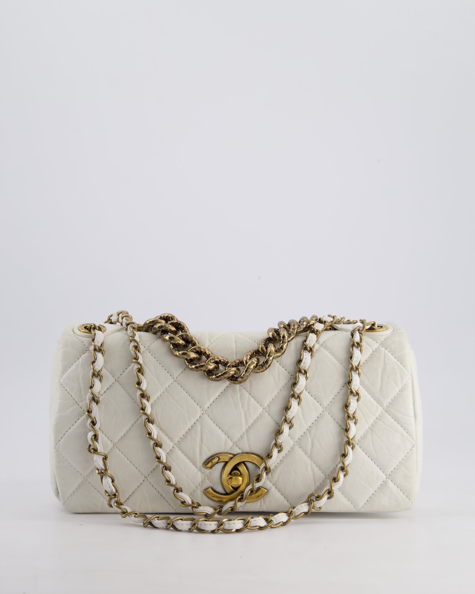 Chanel White Single Flap Bag Aged Calfskin Leather with