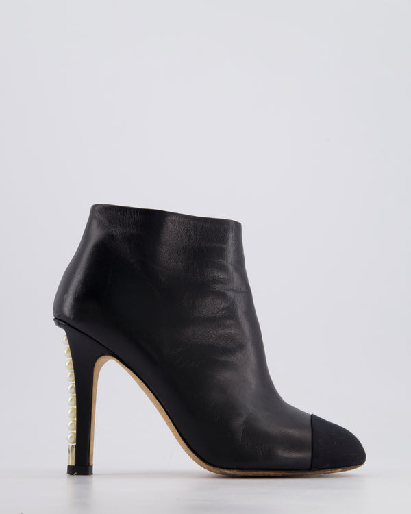 Chanel 13A Black Ankle Boots in Calfskin Leather with CC Gold Logo & Pearls Heels Details Size EU 39