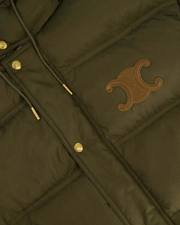 Celine Khaki Long Sleeve Quilted Puffer Jacket with Brown Triomphe Logo Detail and Gold Hardware Size FR 34 (UK 6)