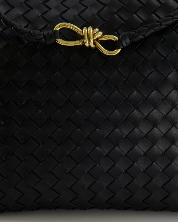 Bottega Veneta Black Andiamo Large Intrecciato Leather Top Handle Bag with Sliding Cross-Body and Gold Knot Hardware RRP £6,090