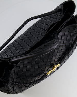 Bottega Veneta Black Andiamo Large Intrecciato Leather Top Handle Bag with Sliding Cross-Body and Gold Knot Hardware RRP £6,090