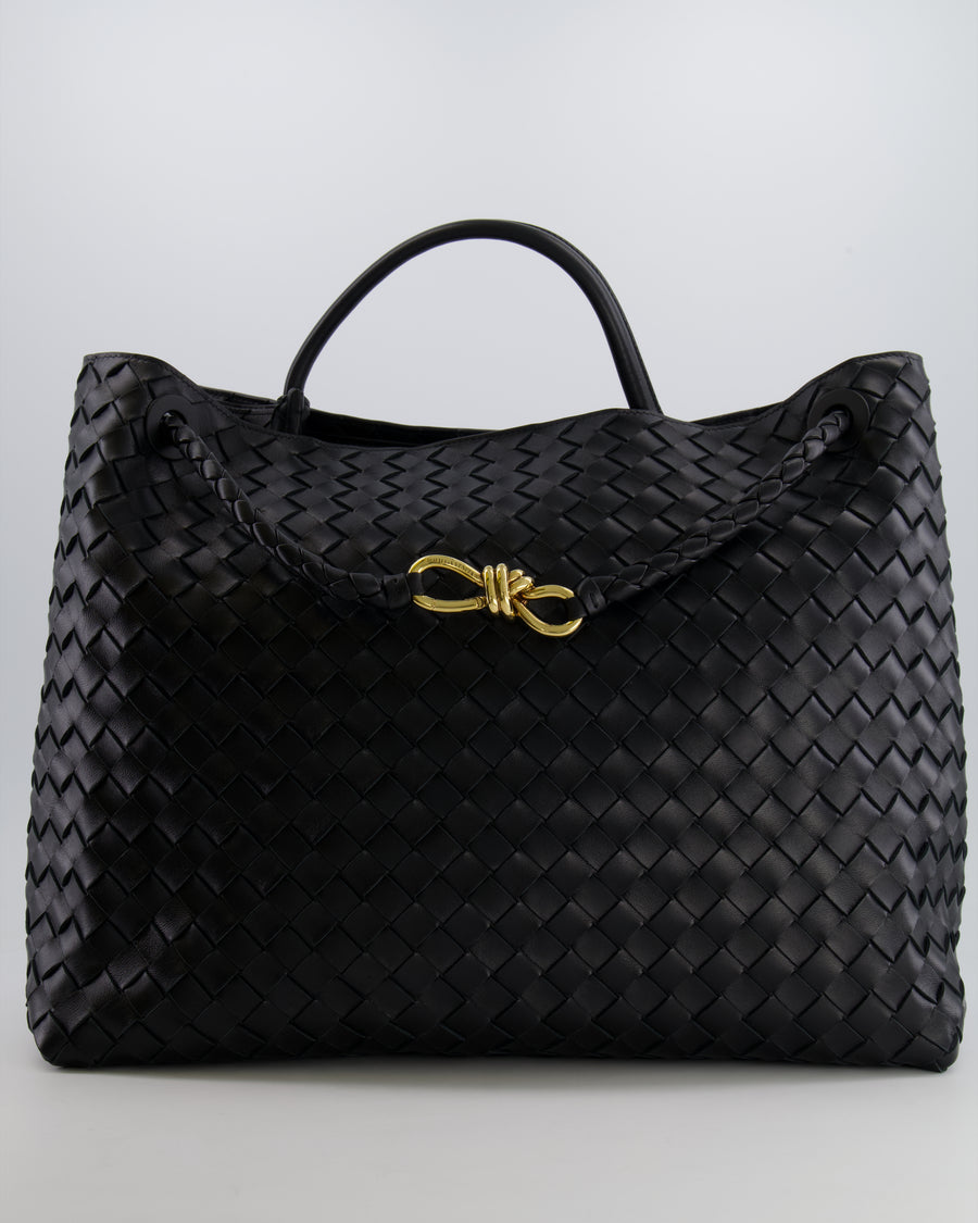 Bottega Veneta Black Andiamo Large Intrecciato Leather Top Handle Bag with Sliding Cross-Body and Gold Knot Hardware RRP £6,090