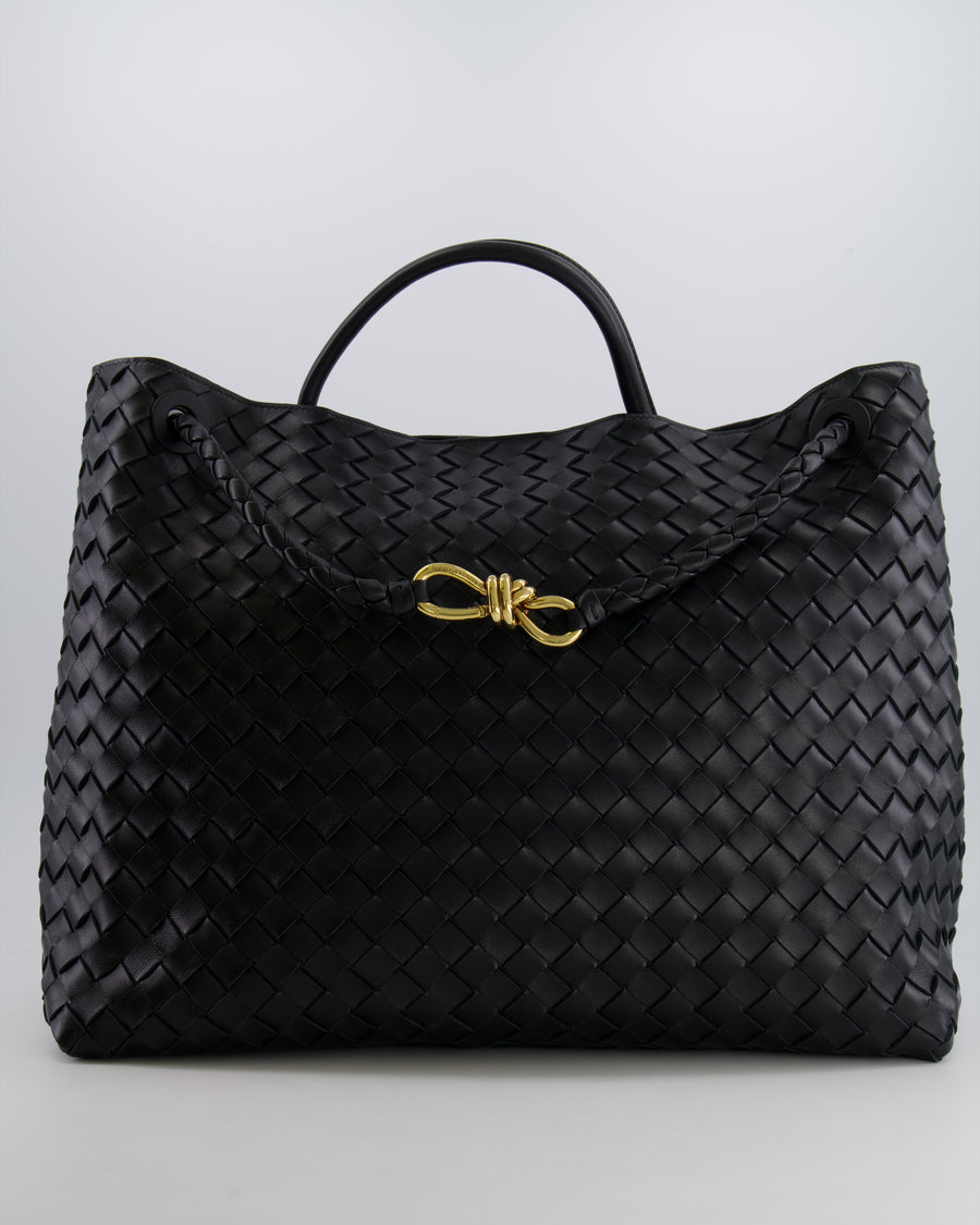Bottega Veneta Black Andiamo Large Intrecciato Leather Top Handle Bag with Sliding Cross-Body and Gold Knot Hardware RRP £6,090