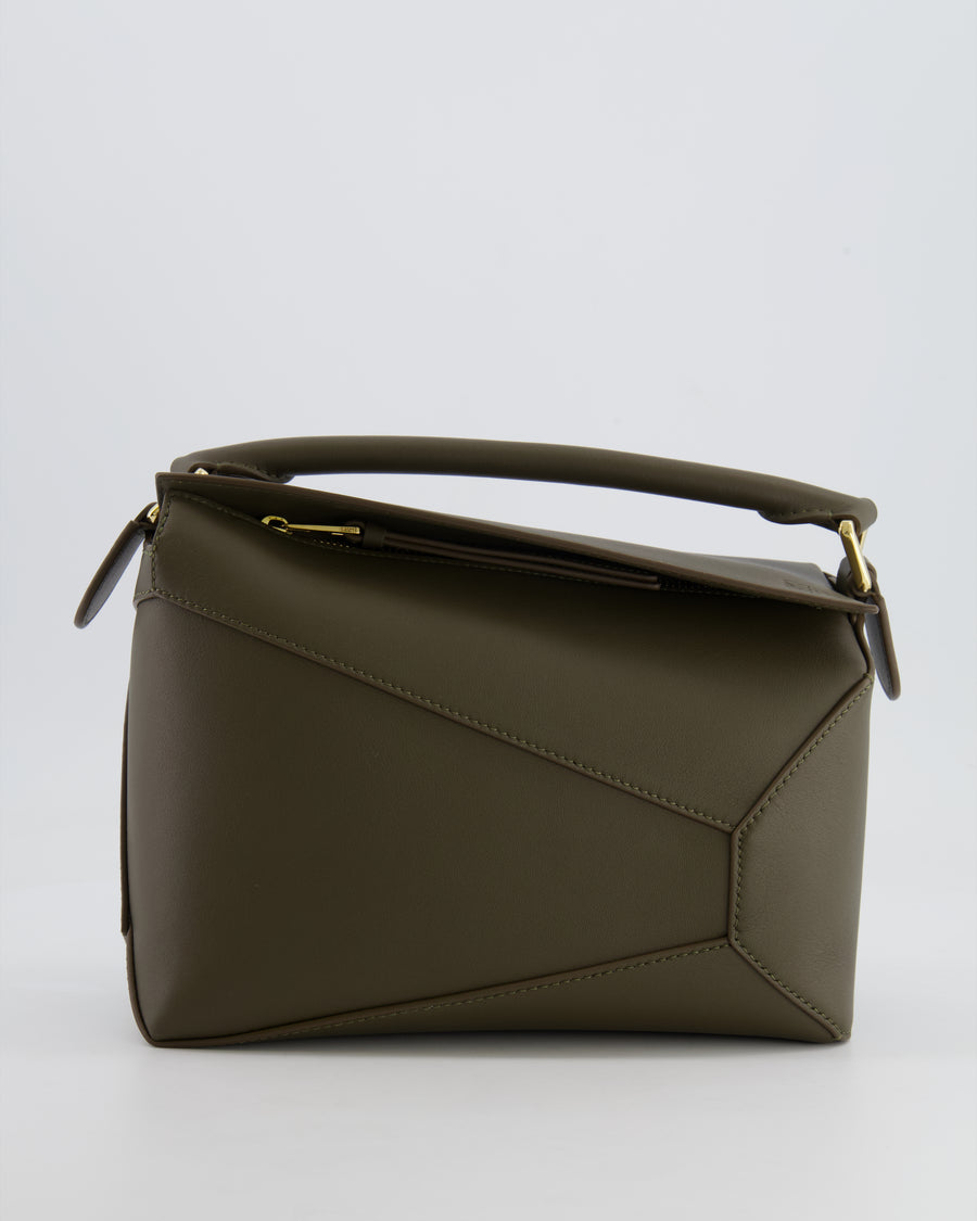 Loewe Small Puzzle Edge Bag in Dark Khaki Smooth Calfskin Leather with Gold Hardware RRP £2,700