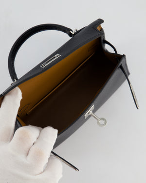 *RARE LEATHER* Hermès Mini Kelly II 20cm Verso Bag In Noir Chevre Mysore Leather, Alezan Interior with Palladium Hardware