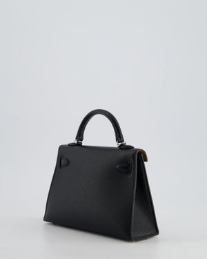 *RARE LEATHER* Hermès Mini Kelly II 20cm Verso Bag In Noir Chevre Mysore Leather, Alezan Interior with Palladium Hardware