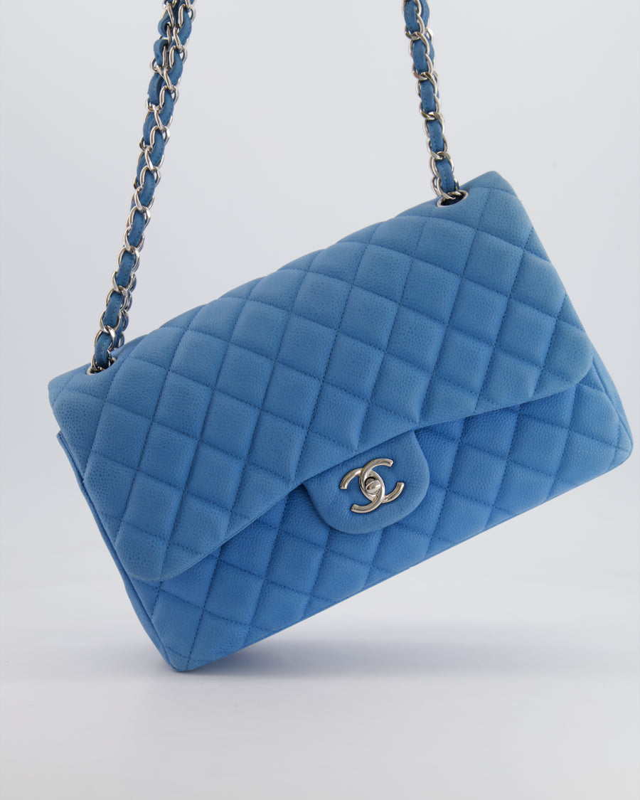 *FIRE PRICE* Chanel Blue Jumbo Classic Double Flap Bag in Caviar Nubuck Leather with Silver Hardware&nbsp;