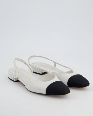 Chanel White Leather Flat Slingback Shoes with Silver CC Detail Size 38C