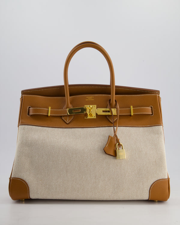 *HOLY GRAIL* Hermes Vintage Birkin 35cm Bag in Gold Courchevel Leather & Ecru Canvas with Gold Hardware