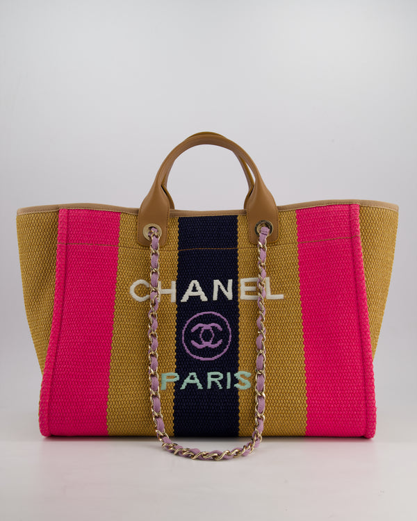 *HOT* Chanel Beige, Pink and Navy Raffia Deauville Tote with Pastel Logo and Champagne Gold Hardware