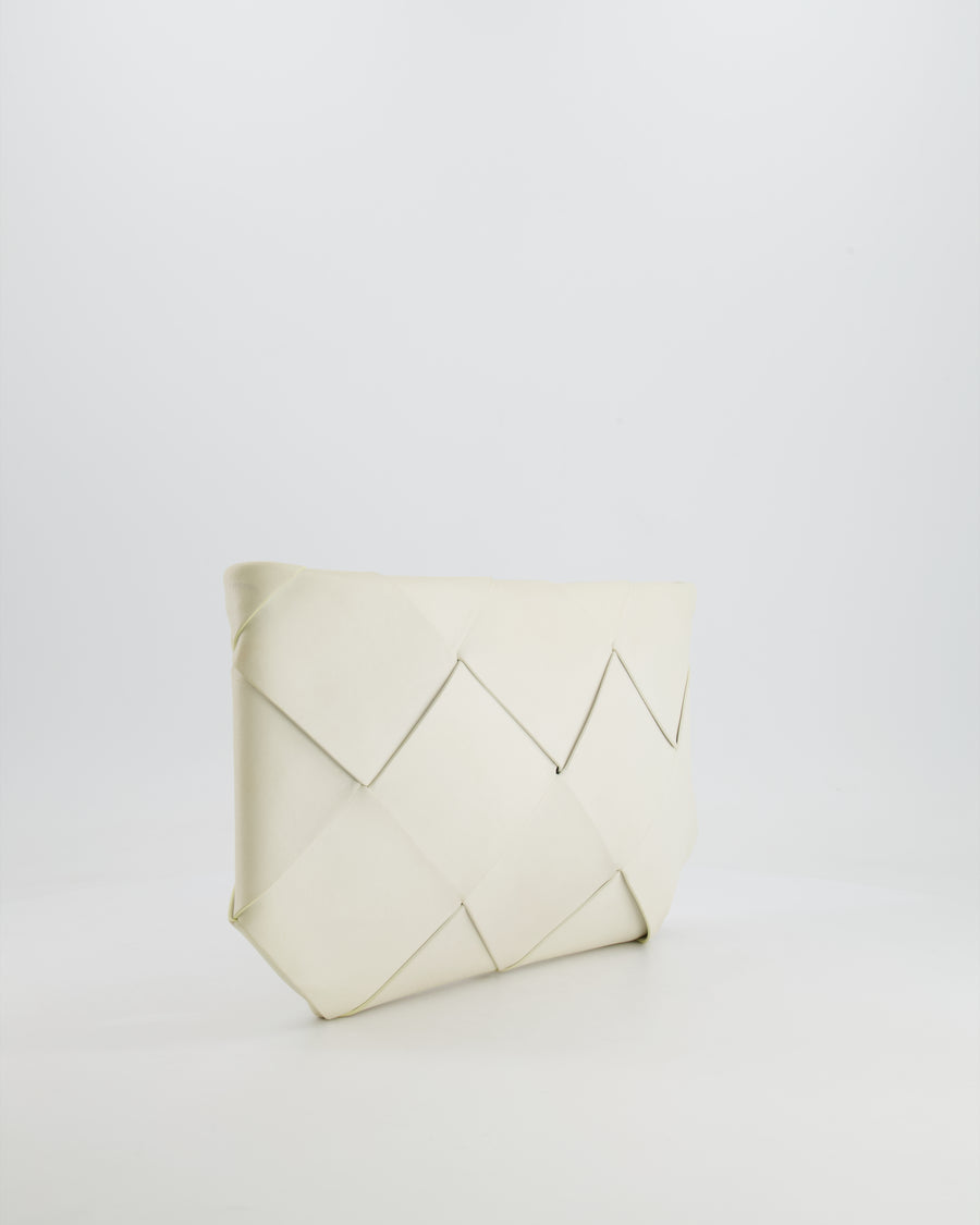 Bottega Veneta White Intrecciato Large Leather Clutch Bag with Silver Hardware