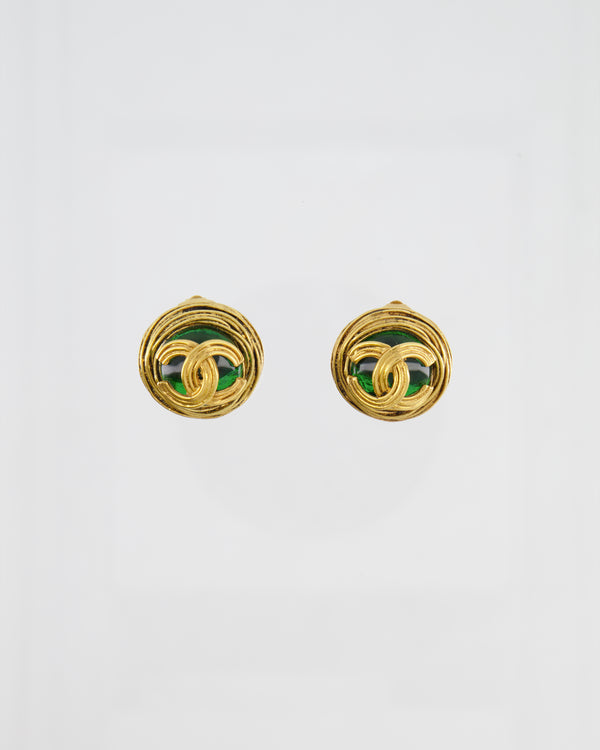 Chanel Vintage Gold and Green Round CC Textured Earrings