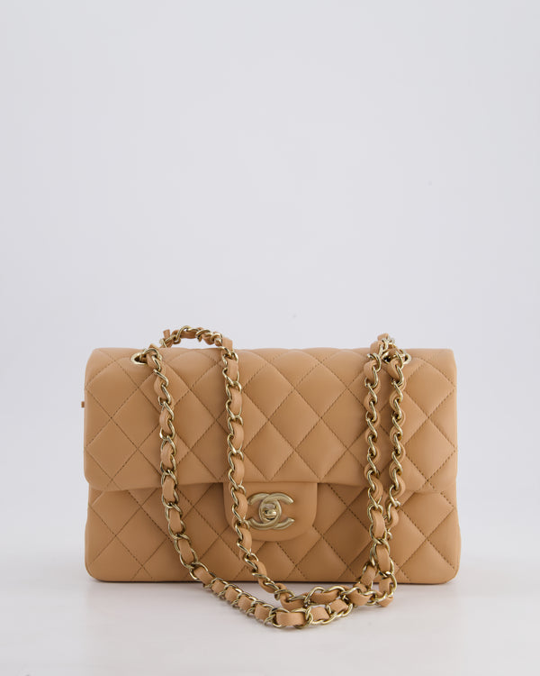 Chanel Beige Small Classic Double Flap Bag in Lambskin Leather with Champagne Gold Hardware