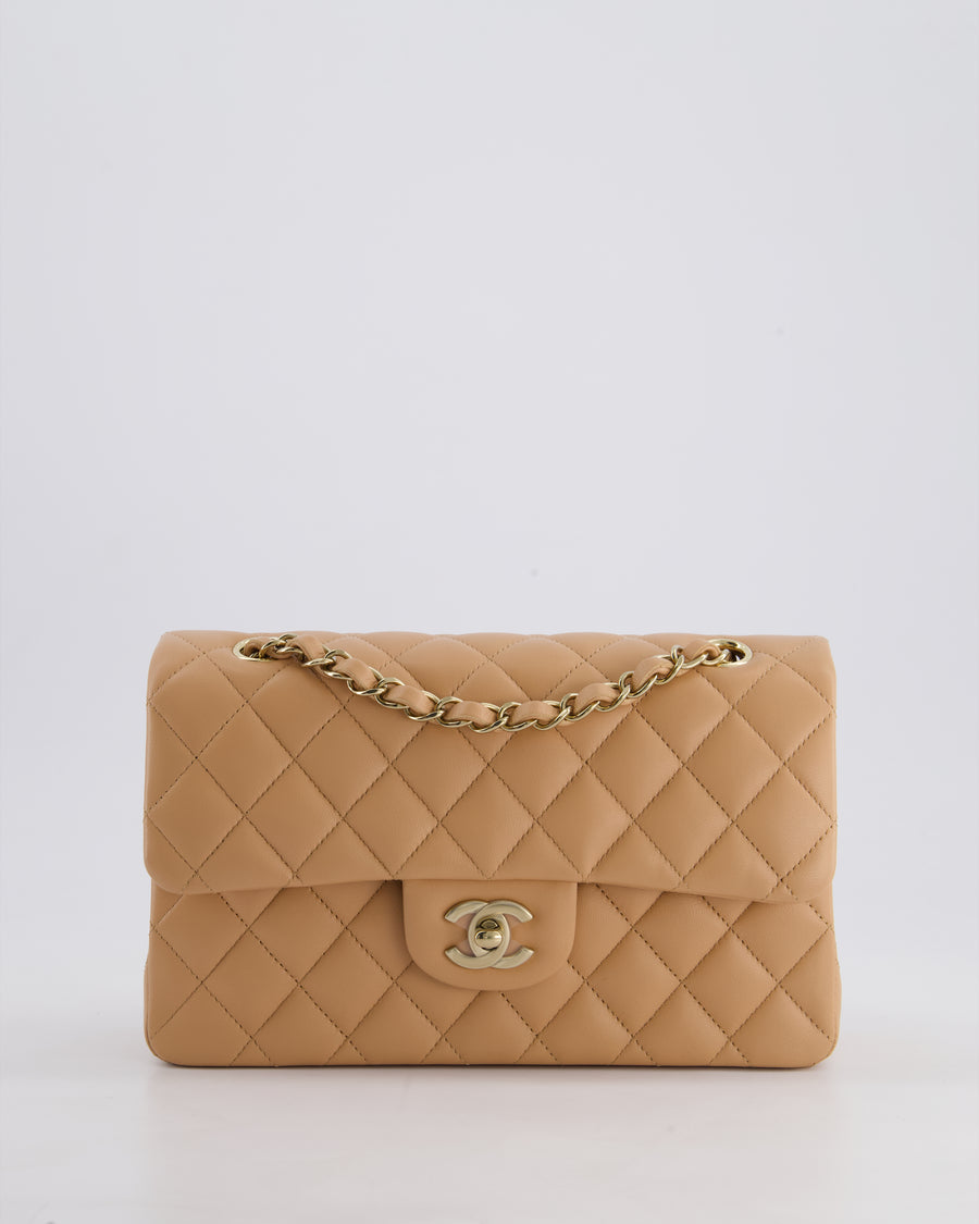 Chanel Beige Small Classic Double Flap Bag in Lambskin Leather with Champagne Gold Hardware