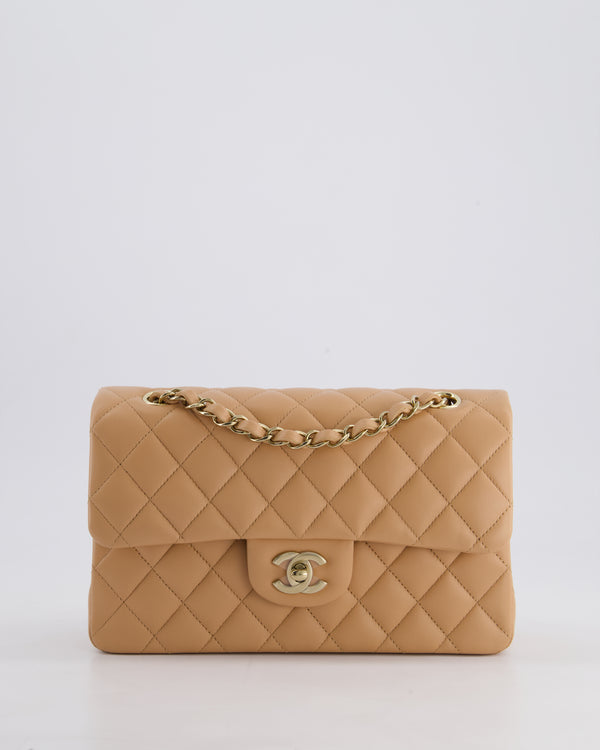 Chanel Beige Small Classic Double Flap Bag in Lambskin Leather with Champagne Gold Hardware