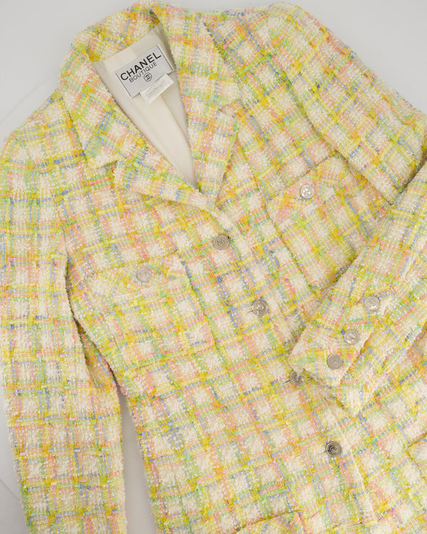 Chanel 96/P Vintage Pastel Yellow Tweed Dress Coat with Silver CC Button and Collar Detail FR 40 (UK 12)