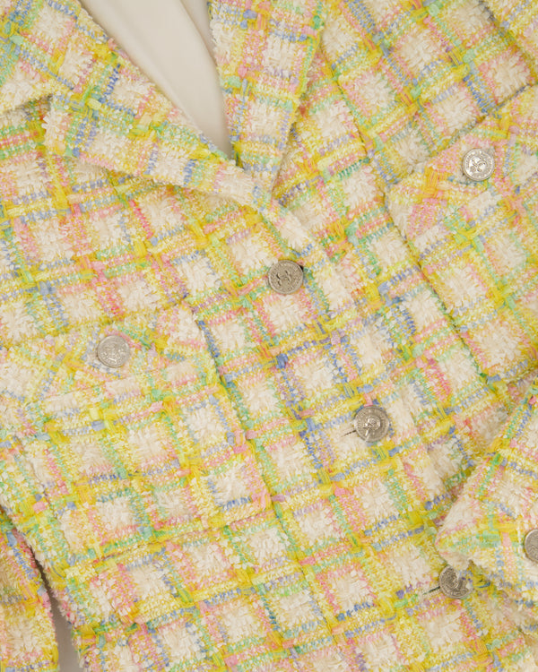 Chanel 96/P Vintage Pastel Yellow Tweed Dress Coat with Silver CC Button and Collar Detail FR 40 (UK 12)