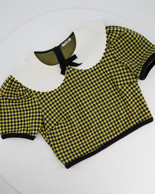 Miu Miu Yellow, Black and Houndstooth Short Sleeve Crop Top with White Scallop Collar Detail Size M (UK 10)