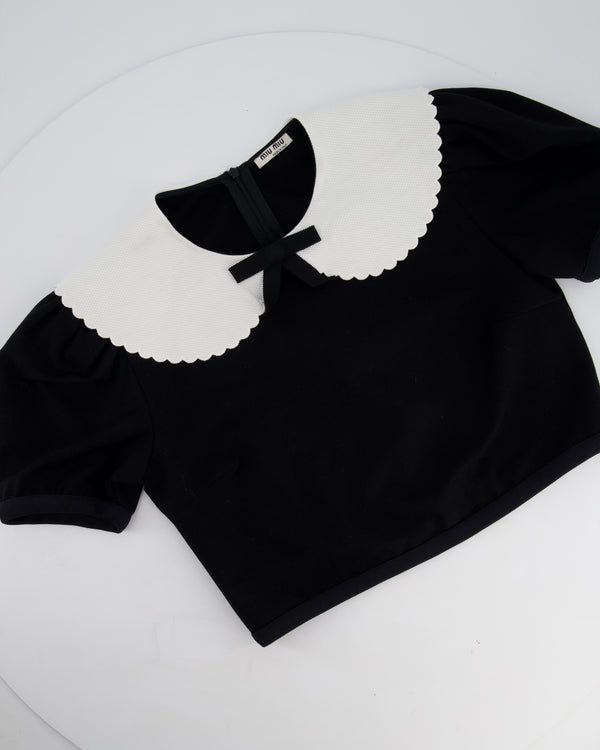 Miu Miu Black Short Sleeve Crop Top with White Scallop Collar Detail Size M (UK 10)