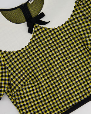 Miu Miu Yellow, Black and Houndstooth Short Sleeve Crop Top with White Scallop Collar Detail Size M (UK 10)