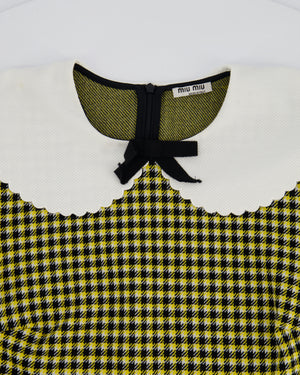 Miu Miu Yellow, Black and Houndstooth Short Sleeve Crop Top with White Scallop Collar Detail Size M (UK 10)
