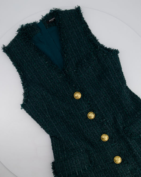 Balmain Green Sleeveless Tweed button Down V-Neck Mini Dress Size FR 38 (UK 10)