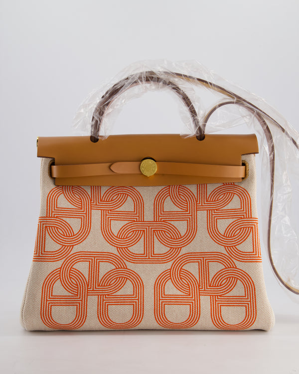 Hermès Herbag Zip Retourne 31 Chaine D'Ancre Bag in Orange Mécano & Ecru Quadrille Toille Canvas, Natural Hunter Leather with Gold Hardware
