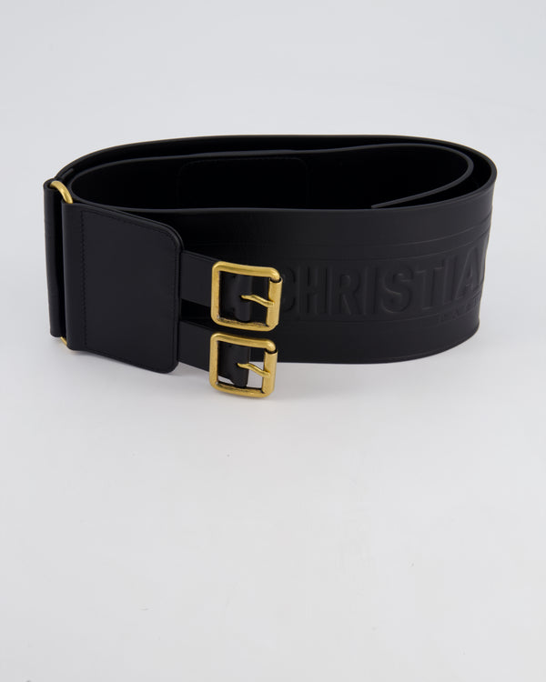 Christian Dior Black Embossed Leather Belt with Antique Gold Double Buckle Hardware Size 85cm